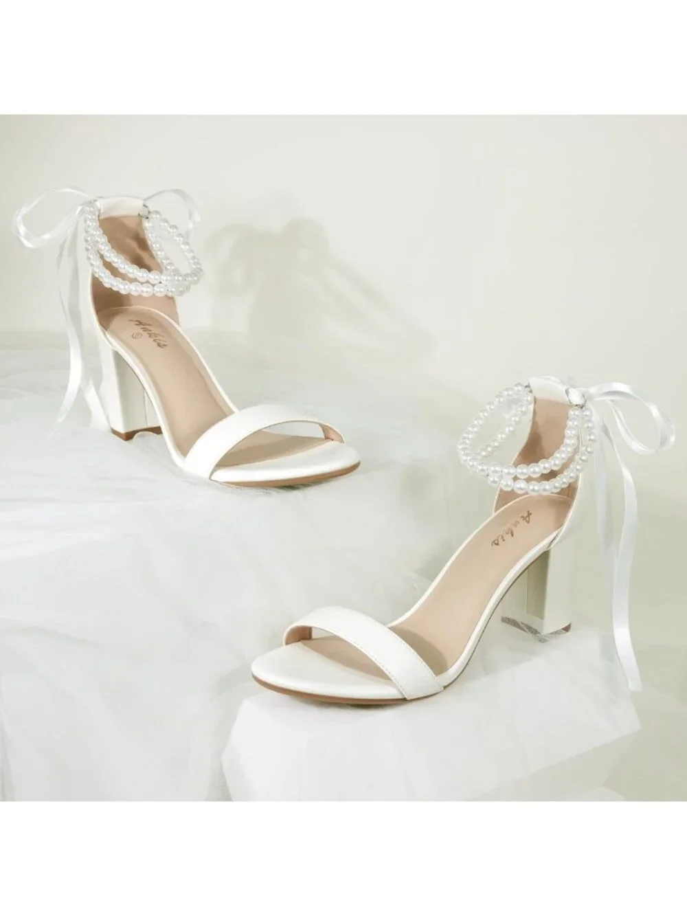 Elegant White Chunky Heels for Bride, Pearl Bow Wedding Sandals, 2.75 Inch
